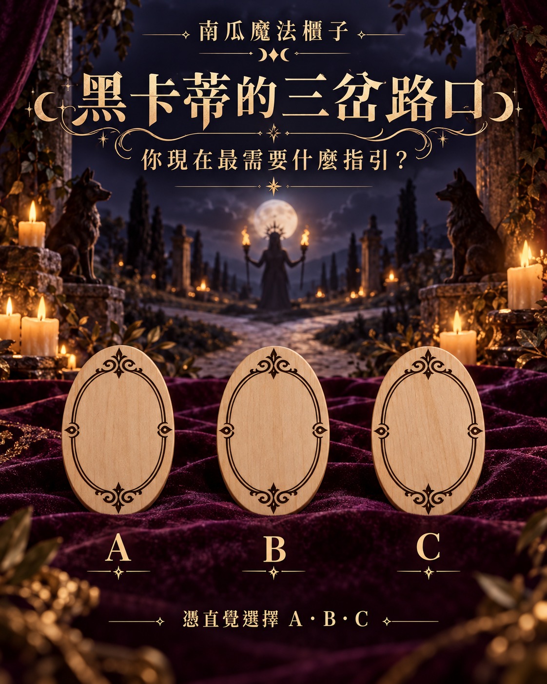 黑卡蒂的三岔路口大眾占卜，憑直覺選擇A、B或C木牌