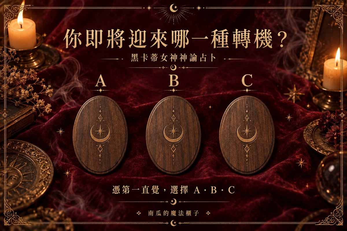 黑卡蒂女神神諭占卜,酒紅絲絨上的 A、B、C 三枚選牌木牌