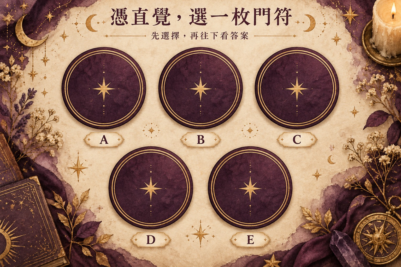 盧恩門符直覺盲抽：五枚相同背面的門符，選擇A、B、C、D或E