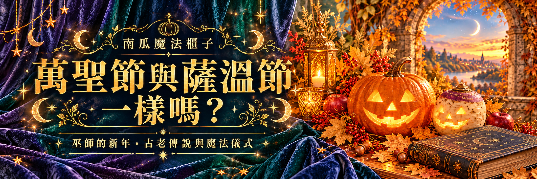 萬聖節與薩溫節一樣嗎？金色標題旁擺著南瓜燈、蕪菁燈、燭光與魔法書，秋葉拱門外映著新月。