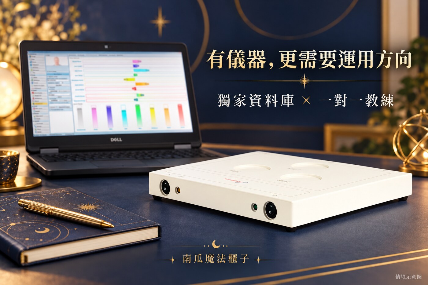 TimeWaver 儀器與南瓜魔法櫃子獨家資料庫、一對一教練服務情境示意