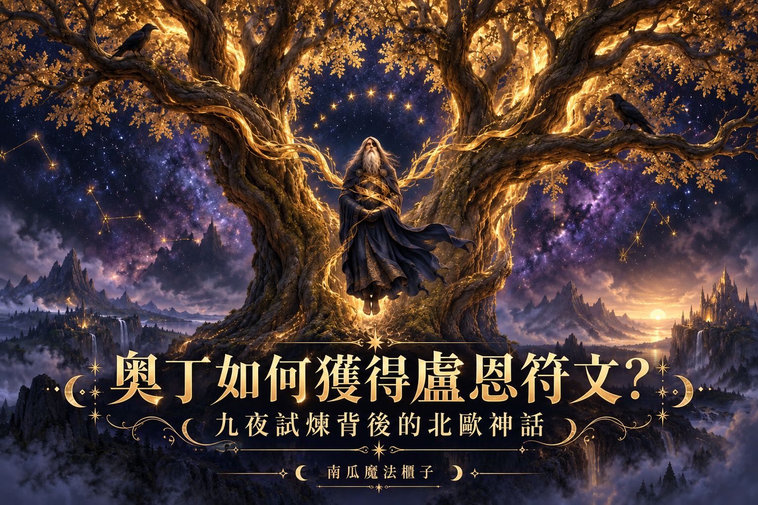 奧丁身披深藍斗篷懸於古樹枝間,金色光流沿樹根延伸,星空映照九夜試煉。
