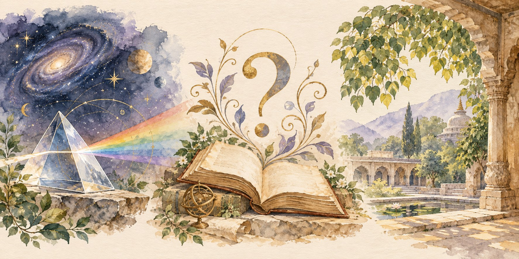 象徵物理、哲學與印度學習背景的水彩意象插畫